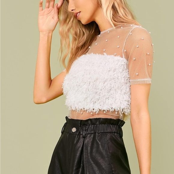 SHEIN White Snowy Top See Through Pearl Furry Size Medium - Picture 1 of 8